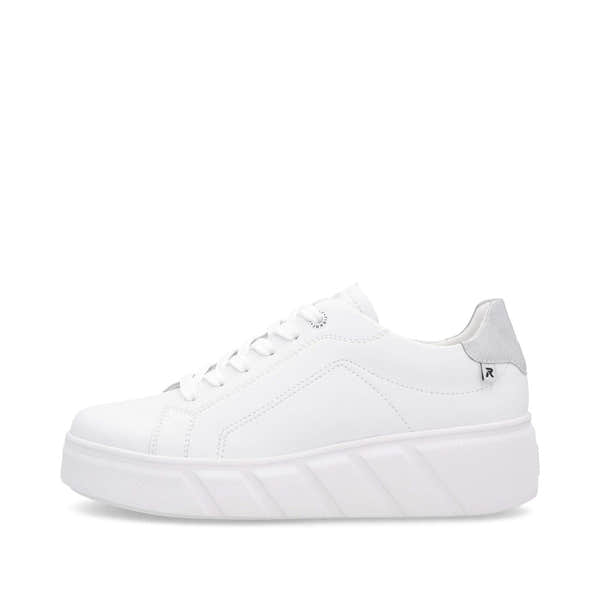 Rieker W2601-80 white leather lace-up trainers for women, chunky sole, sporty and casual sneaker style.