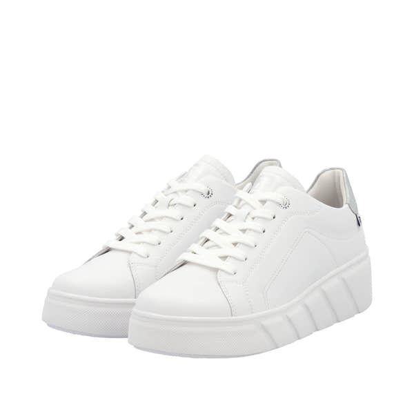 Rieker W2601-80 women's white leather lace-up trainers with chunky soles and casual sporty style.