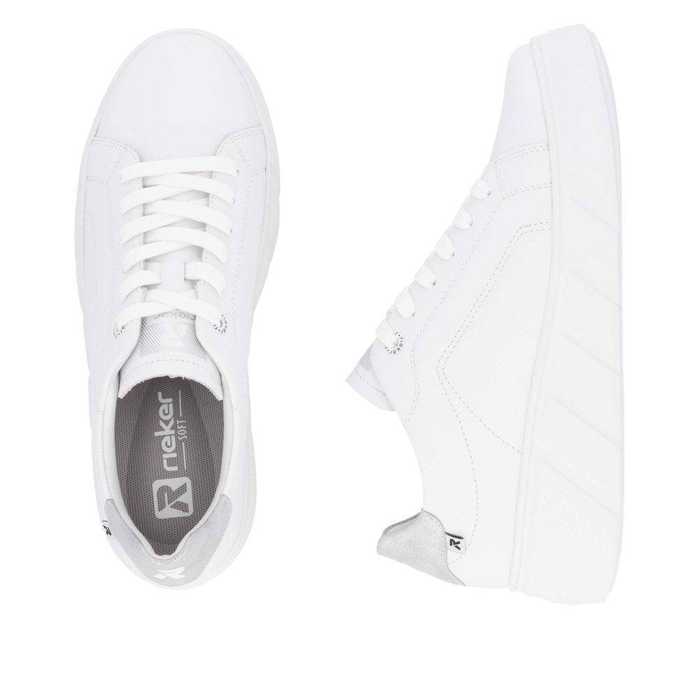 Rieker W2601-80 women's white leather lace-up trainers, lightweight casual sneakers with cushioned insoles.