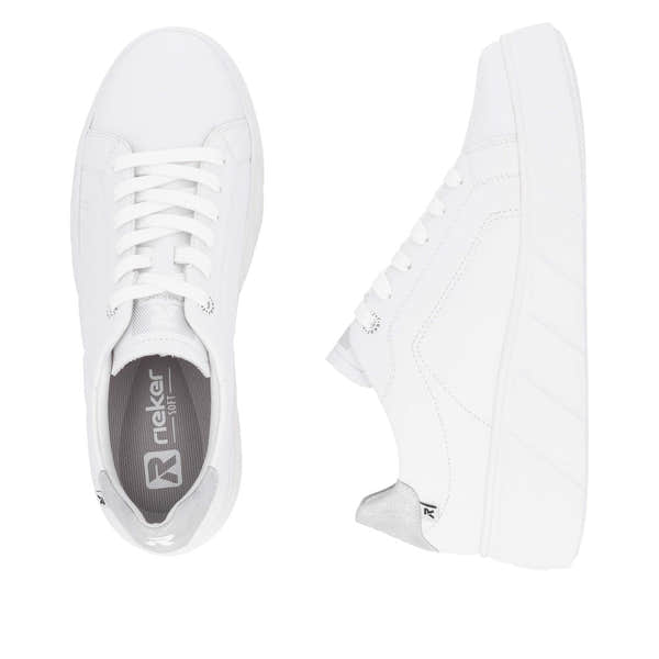Rieker W2601-80 women's white leather lace-up trainers, lightweight casual sneakers with cushioned insoles.