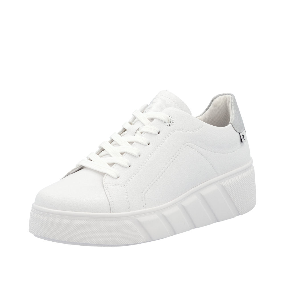 Rieker W2601-80 Women's white leather lace-up trainers with chunky platform sole and modern design.