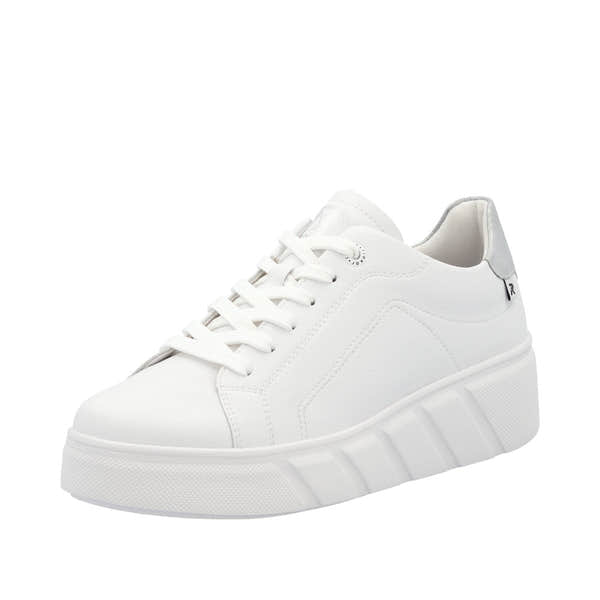 Rieker W2601-80 Women's white leather lace-up trainers with chunky platform sole and modern design.