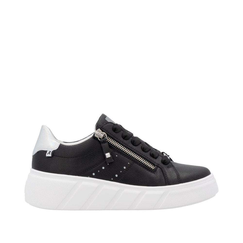 Rieker W2605-00 women's black leather zip and lace-up sneakers with white sole, fashionable and comfortable footwear.