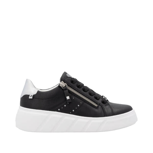 Rieker W2605-00 women's black leather zip and lace-up sneakers with white sole, fashionable and comfortable footwear.