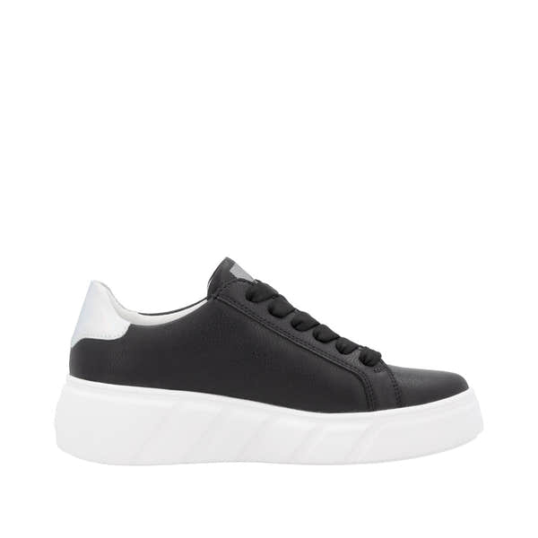 Rieker W2605-00 women's black leather sneakers with lace-up front, side zipper, and chunky white sole.