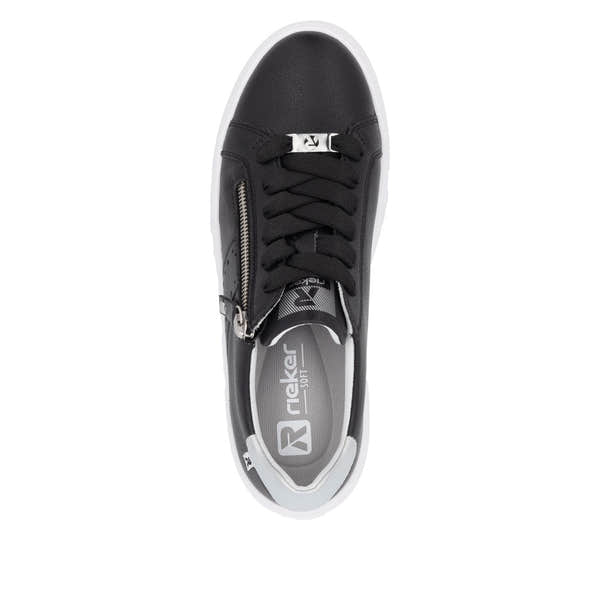 Rieker W2605-00 women's black leather casual sneakers with zip and lace-up closure, white sole, and metallic logo details.
