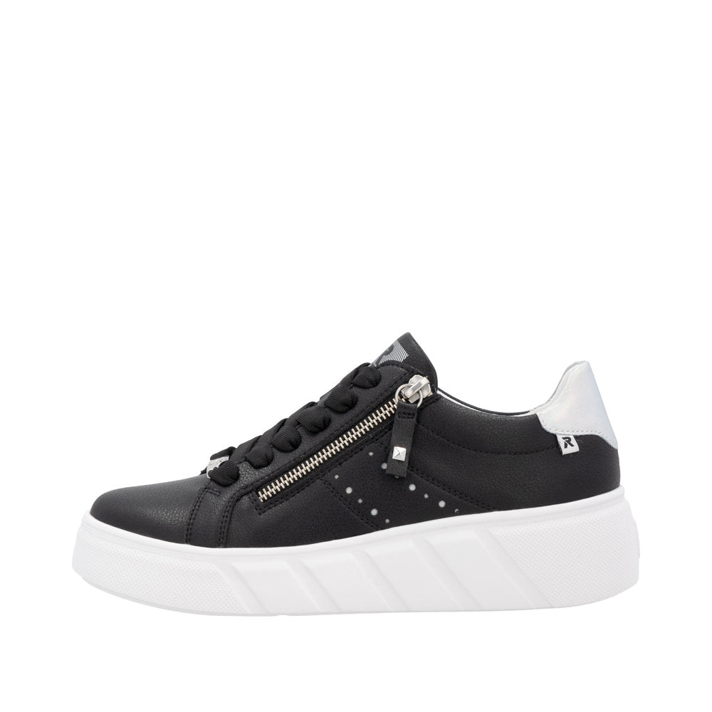 Rieker W2605-00 women's black leather sneakers with lace-up, side zipper, and white sole.