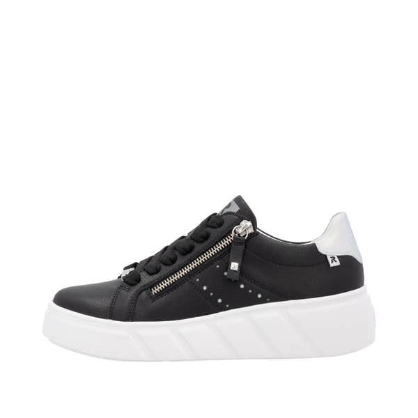 Rieker W2605-00 women's black leather sneakers with lace-up, side zipper, and white sole.