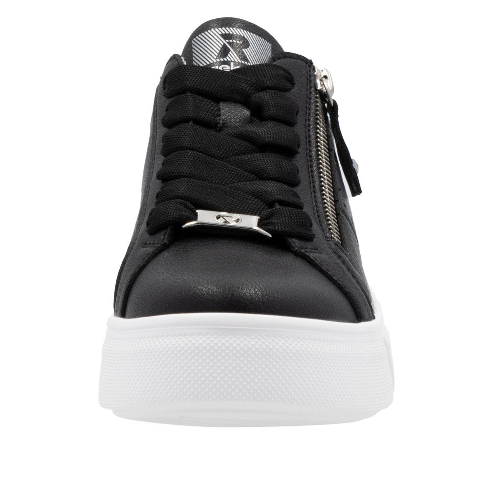 Rieker W2605-00 women’s black leather zip and lace-up fashion sneakers with white sole and side zipper detail.