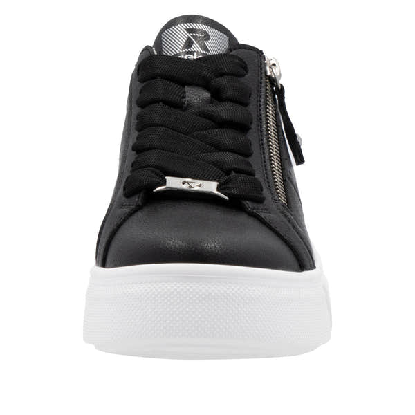 Rieker W2605-00 women’s black leather zip and lace-up fashion sneakers with white sole and side zipper detail.