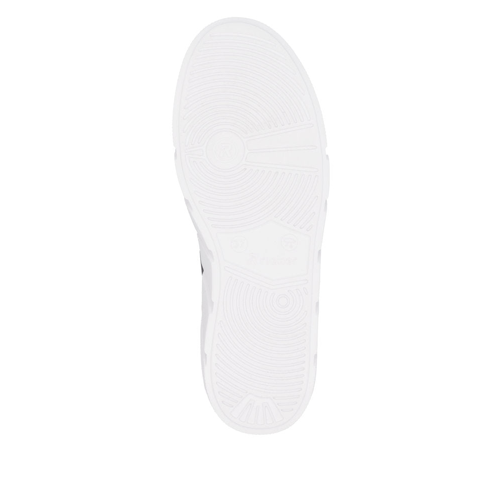 Rieker W2605-00 ladies black leather shoes with zipper and lace-up design, featuring white outsole with traction pattern.