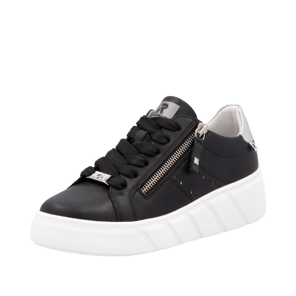 Rieker W2605-00 Ladies Black Leather Sneakers with Zip and Lace, Chunky White Sole, Stylish and comfortable footwear.