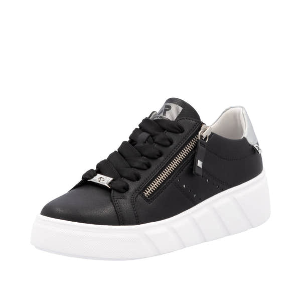 Rieker W2605-00 Ladies Black Leather Sneakers with Zip and Lace, Chunky White Sole, Stylish and comfortable footwear.