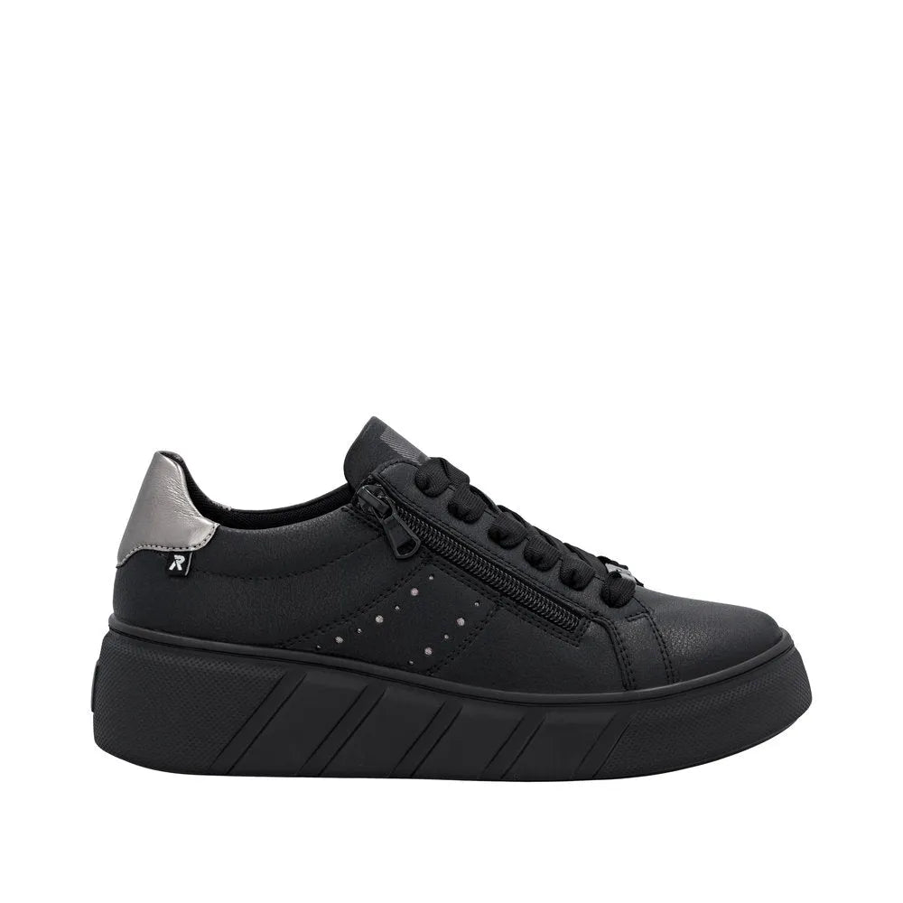 Rieker W2605-02 women's black leather trainers with zip and lace-up closure, chunky sole, and silver heel detail.