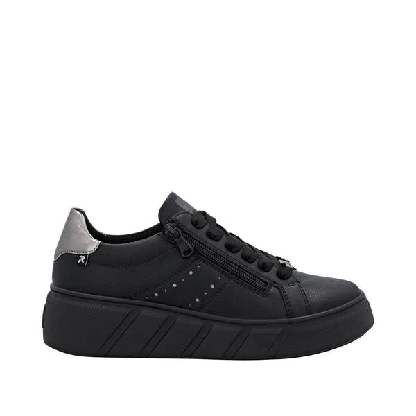 Rieker W2605-02 women's black leather trainers with zip and lace-up closure, chunky sole, and silver heel detail.