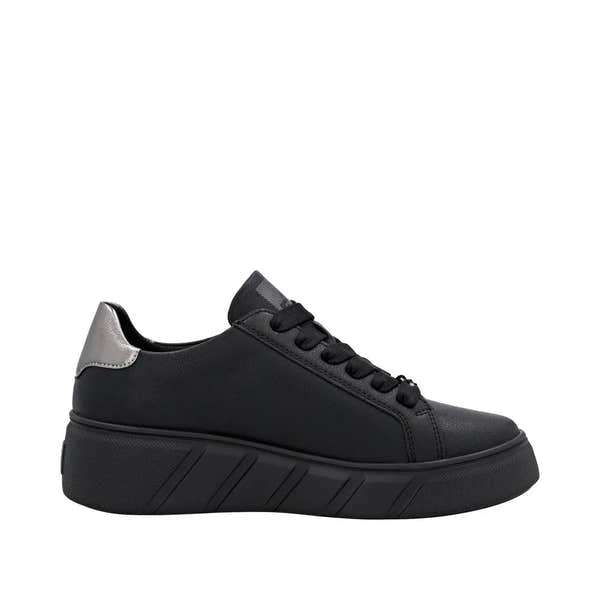 Rieker W2605-02 women's black leather trainers with zip and lace-up fronts, chunky sole, and metallic gray heel detail.