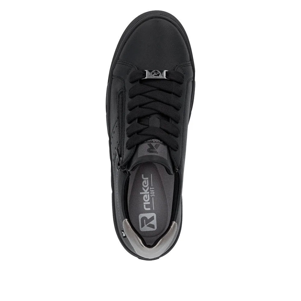 Rieker W2605-02 women's black leather trainers with zip and lace-up closure, cushioned insole, and sporty design.
