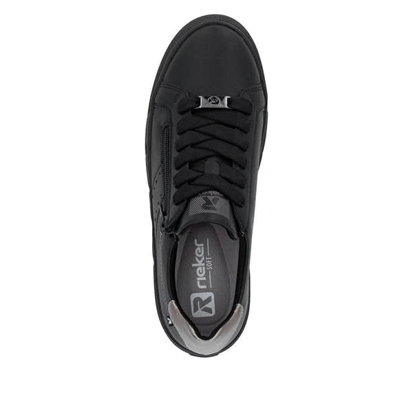 Rieker W2605-02 women's black leather trainers with zip and lace-up closure, cushioned insole, and sporty design.