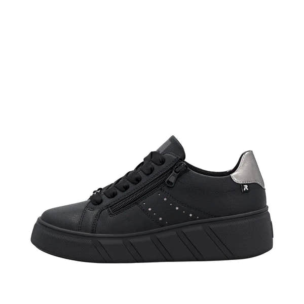 Rieker W2605-02 women's black leather trainers with zip and lace-up design, chunky sole, and metallic silver heel detail.