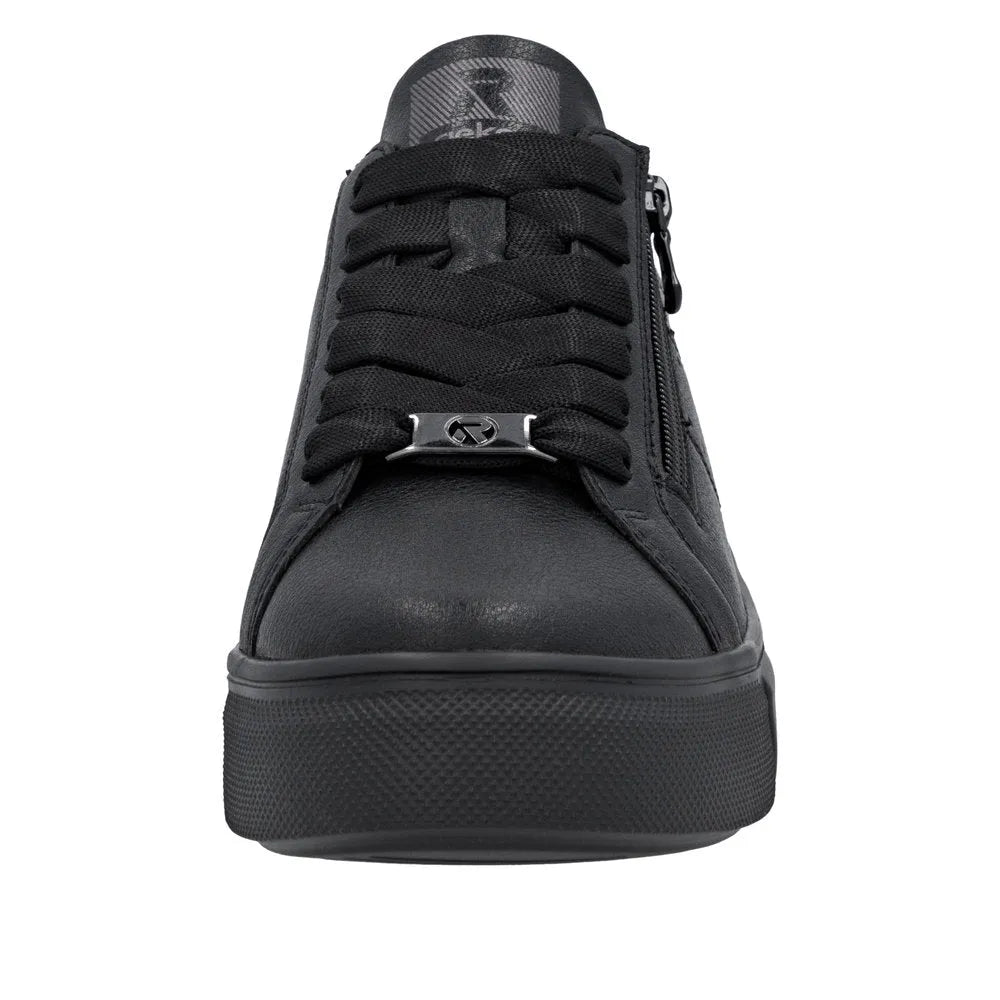Rieker W2605-02 Women's Black Leather Trainers with Zip and Lace-up Detailing, casual sneaker style.