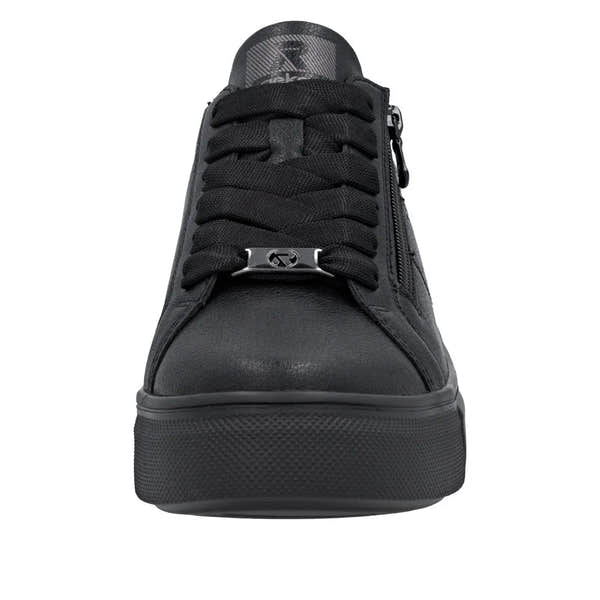 Rieker W2605-02 Women's Black Leather Trainers with Zip and Lace-up Detailing, casual sneaker style.