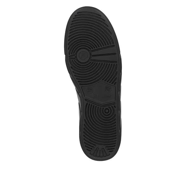 Rieker W2605-02 women's black leather trainers with zip and lace closure, durable rubber sole, and cushioned comfort.