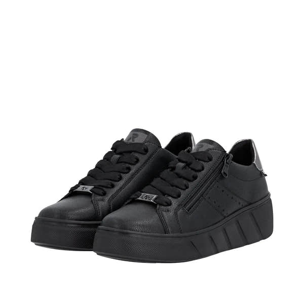 Rieker W2605-02 women's black leather trainers with lace-up front and side zipper feature a chunky sole and sporty design.