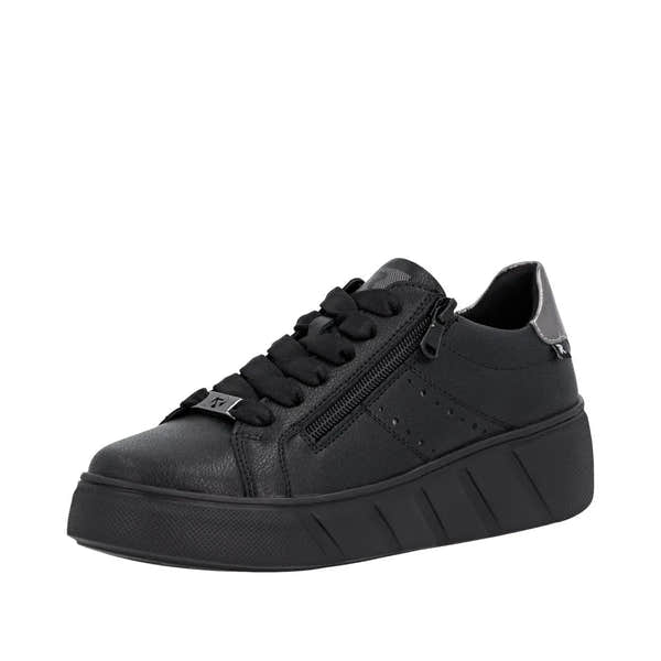 Rieker W2605-02 women's black leather trainers with zipper and lace-up closure, chunky sole, stylish and comfortable walking shoes.