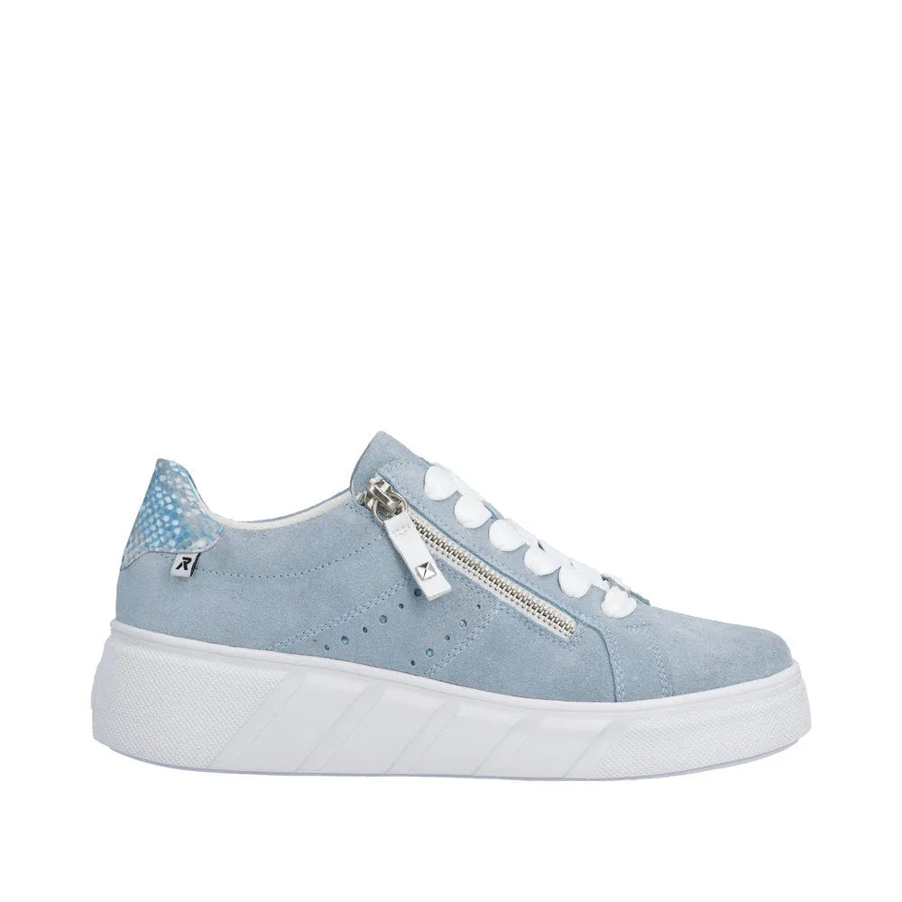 Light blue suede slip-on sneaker with white laces, side zipper, and textured heel detail on a white sole.