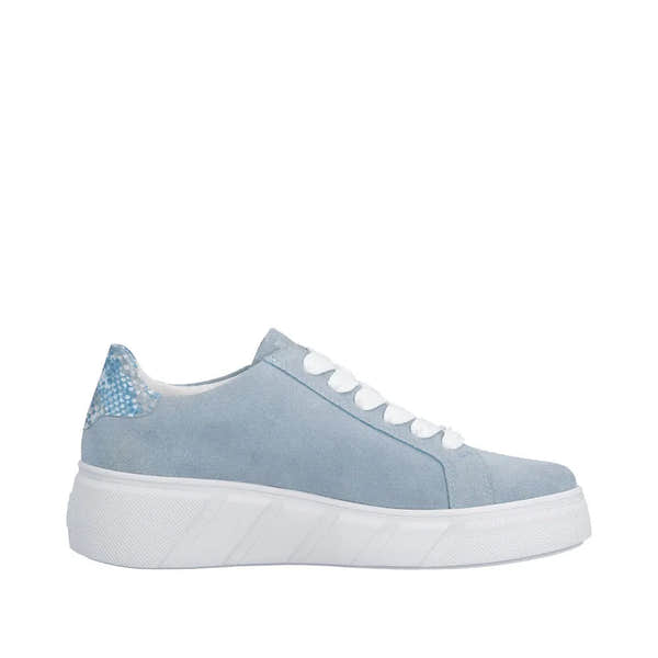 Light blue suede sneaker with white laces, zip detail, and textured heel tab on a white sole.