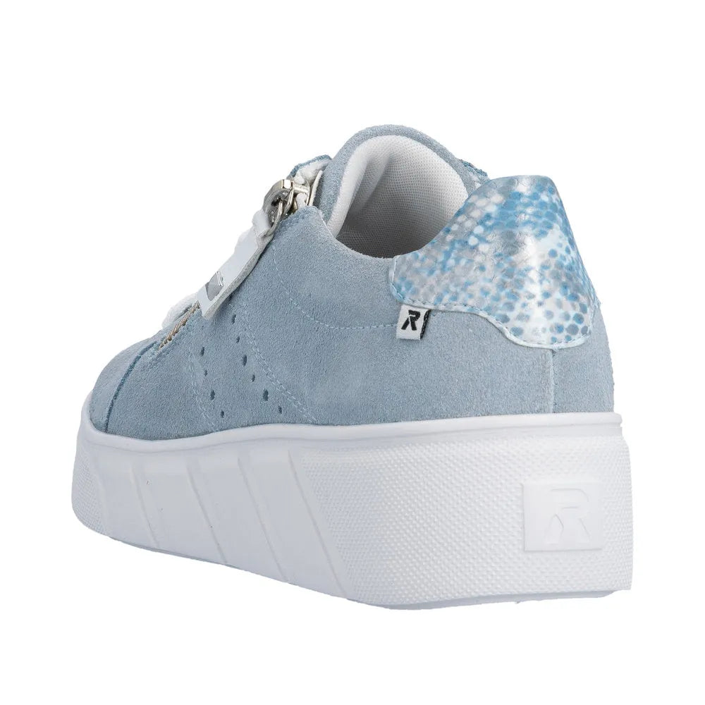 Light blue suede women's sneakers with lace-up and zip closure, white sole, and patterned heel detail.