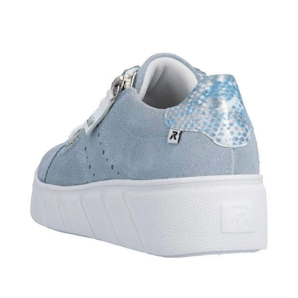 Light blue suede women's sneakers with lace-up and zip closure, white sole, and patterned heel detail.