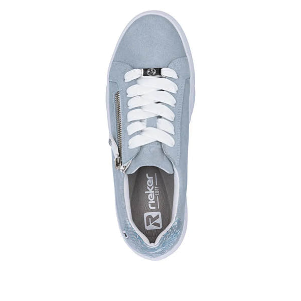 Light blue suede women's sneakers with white laces, zip detail on side, and black logo tab at tongue.