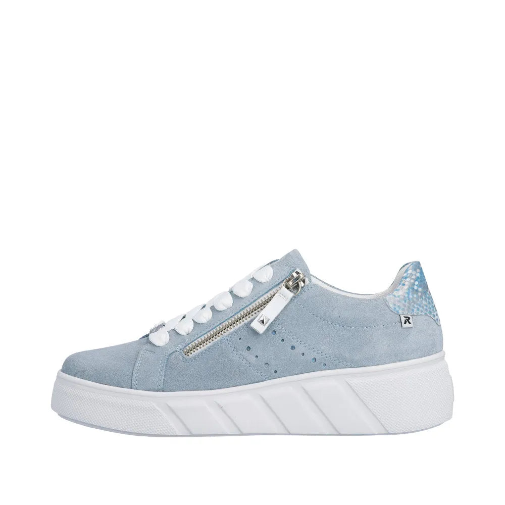 Light blue suede women's sneakers with white laces, side zipper, and a chunky white sole.