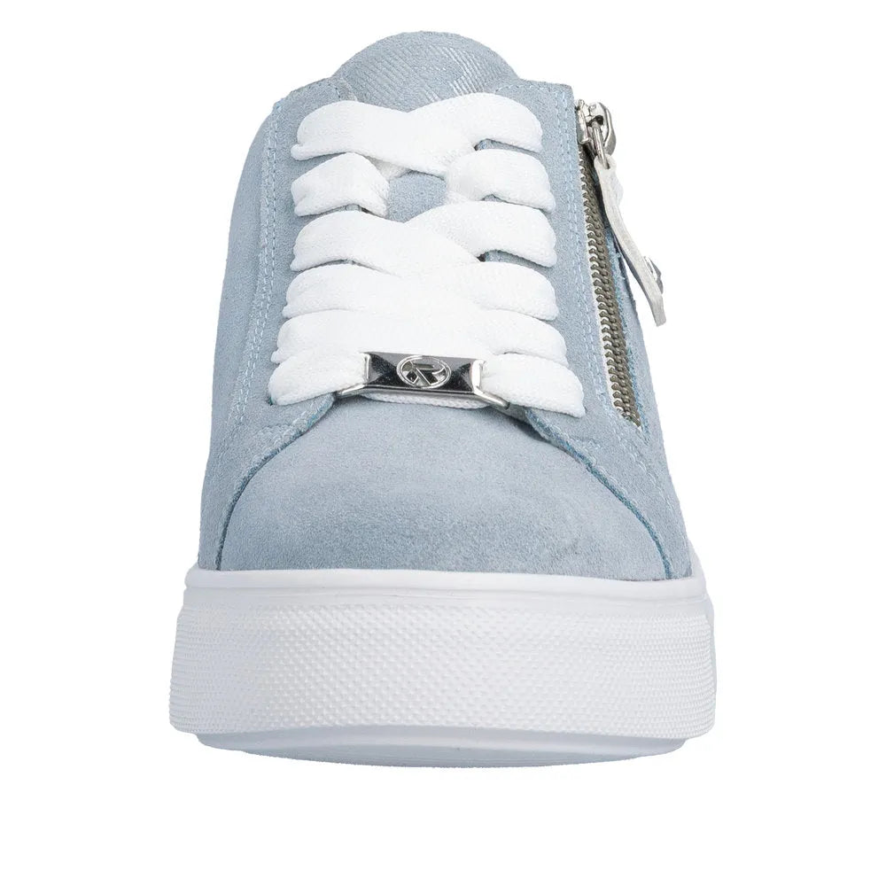 Light blue suede women's sneaker with white laces, a side zipper, and a white rubber sole.