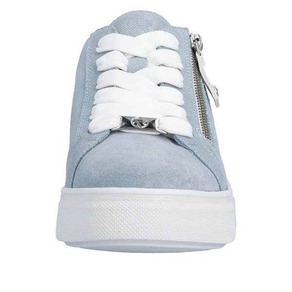Light blue suede women's sneaker with white laces, a side zipper, and a white rubber sole.