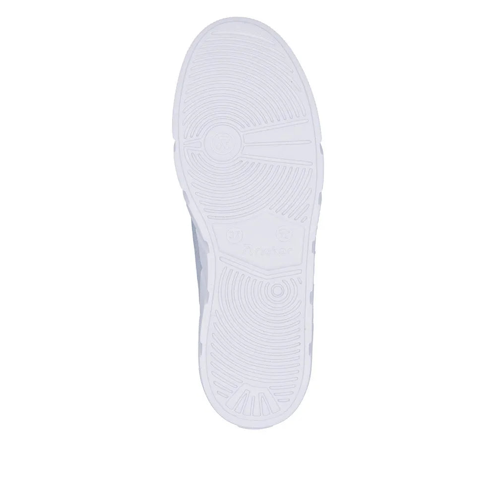 Light blue suede women's slip-on shoes with zipper and lace detail, featuring a white rubber sole with textured patterns.