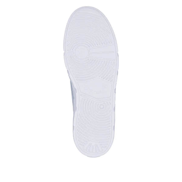 Light blue suede women's slip-on shoes with zipper and lace detail, featuring a white rubber sole with textured patterns.