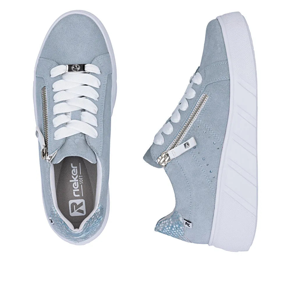 Light blue suede women's sneakers with white laces, zip detail, and cushioned white soles.