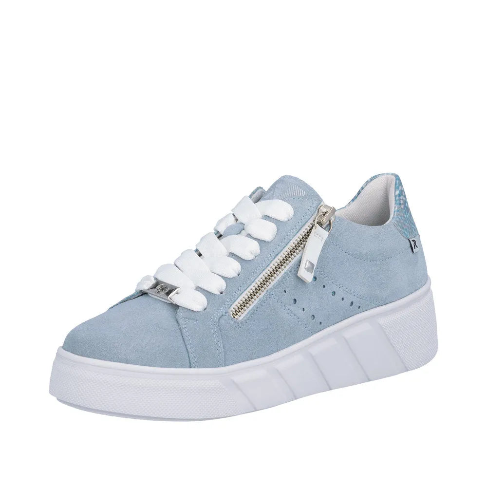 Light blue suede sneaker with white laces, side zipper, perforations, and a chunky white sole.