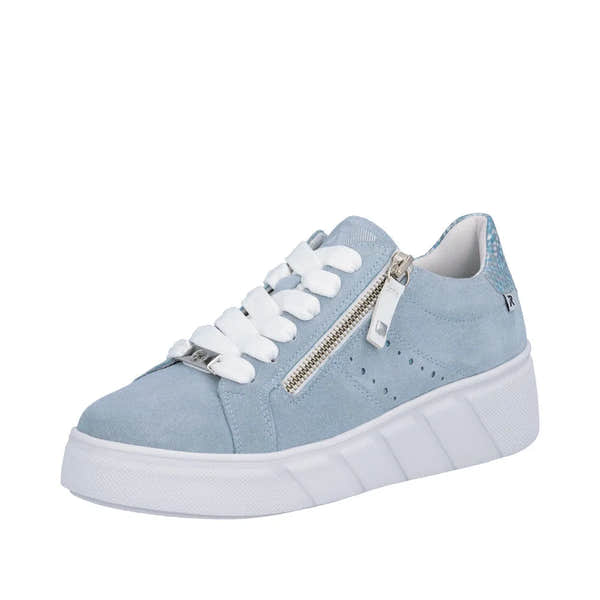 Light blue suede sneaker with white laces, side zipper, perforations, and a chunky white sole.