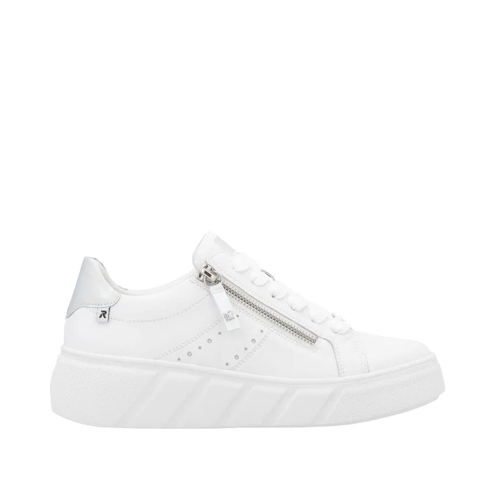 Rieker W2605-80 women's white leather sneakers with zip and lace-up closure, chunky sole, and stylish design.