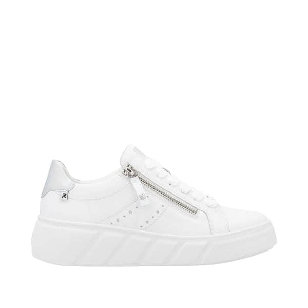 Rieker W2605-80 women's white leather sneakers with zip and lace-up closure, chunky sole, and stylish design.