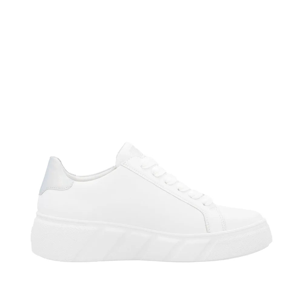 Rieker W2605-80 women's white leather sneakers with zip and lace-up closure, chunky sole, casual and comfortable design.