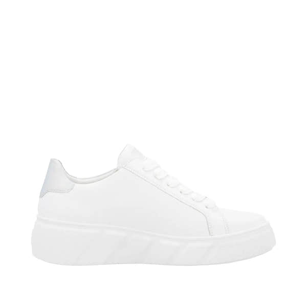 Rieker W2605-80 women's white leather sneakers with zip and lace-up closure, chunky sole, casual and comfortable design.