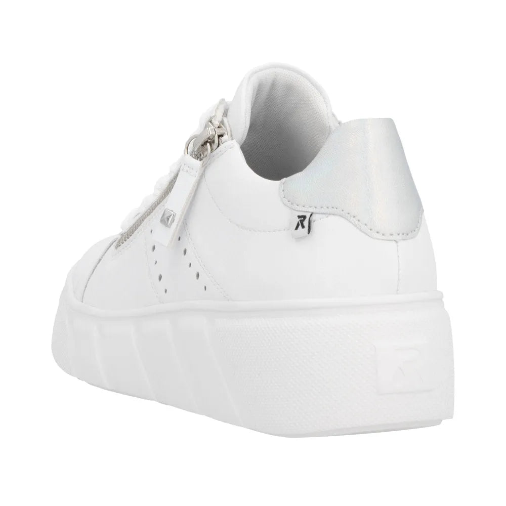 Rieker W2605-80 women's white leather sneakers with zip and lace-up closure, thick platform sole, sporty design.