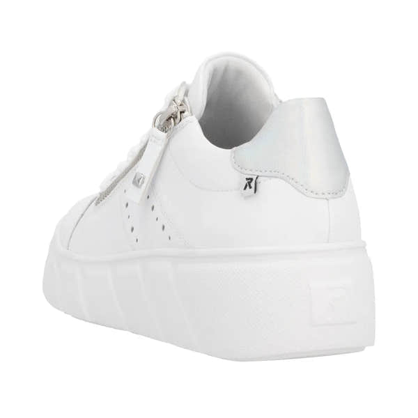 Rieker W2605-80 women's white leather sneakers with zip and lace-up closure, thick platform sole, sporty design.