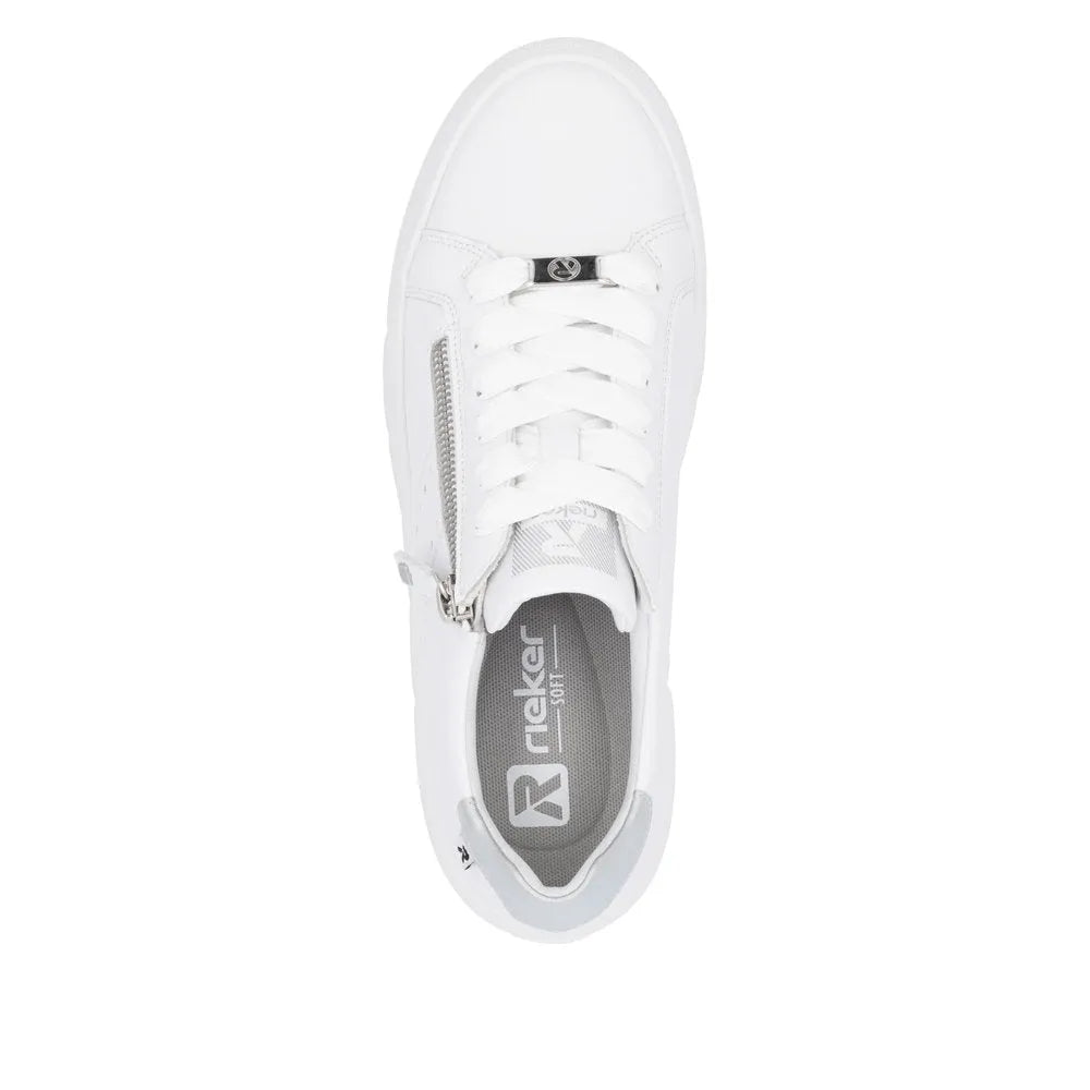 Rieker W2605-80 women's white leather sneakers with zip and lace-up closure, cushioned interior, and stylish design.