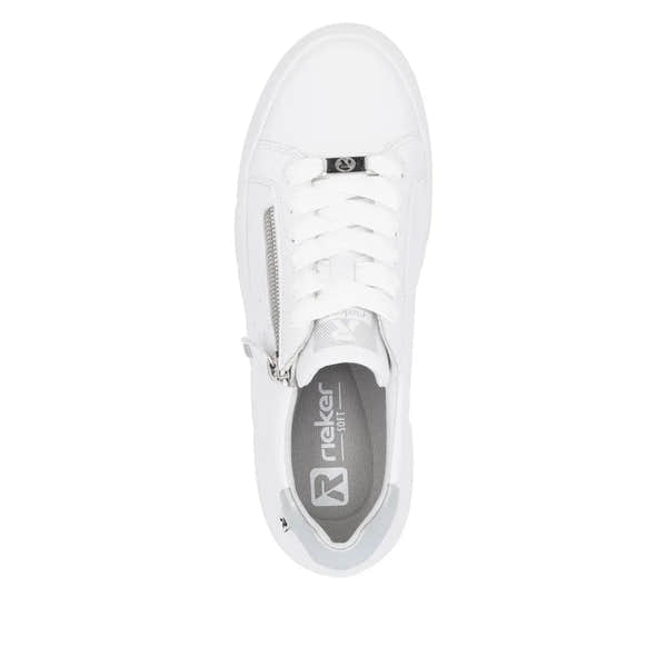 Rieker W2605-80 women's white leather sneakers with zip and lace-up closure, cushioned interior, and stylish design.