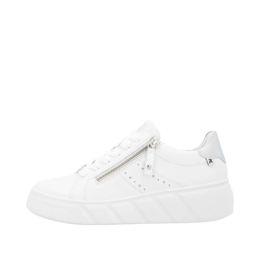 Rieker W2605-80 women's white leather sneakers with side zipper, lace-up closure, and chunky sole.